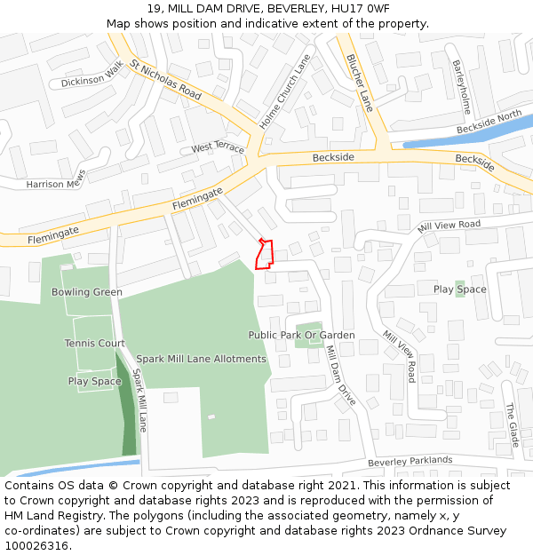 19, MILL DAM DRIVE, BEVERLEY, HU17 0WF: Location map and indicative extent of plot