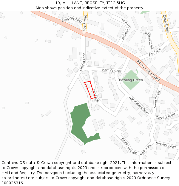 19, MILL LANE, BROSELEY, TF12 5HG: Location map and indicative extent of plot