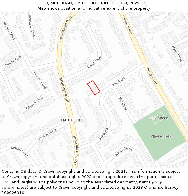 19, MILL ROAD, HARTFORD, HUNTINGDON, PE29 1YJ: Location map and indicative extent of plot