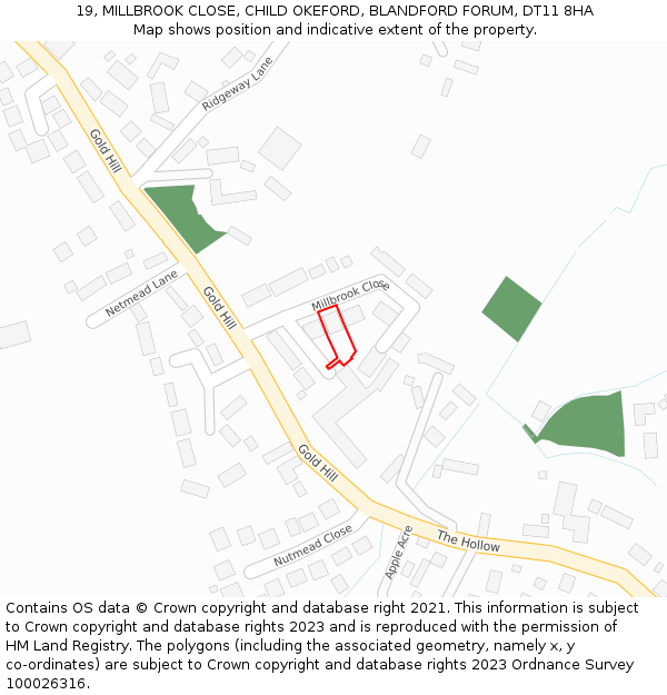 19, MILLBROOK CLOSE, CHILD OKEFORD, BLANDFORD FORUM, DT11 8HA: Location map and indicative extent of plot