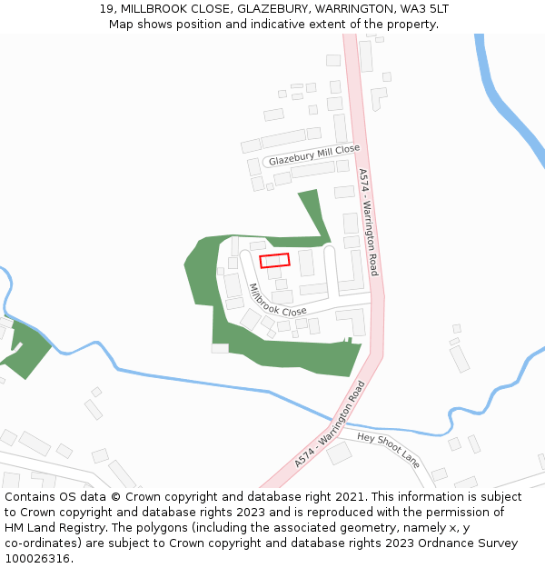 19, MILLBROOK CLOSE, GLAZEBURY, WARRINGTON, WA3 5LT: Location map and indicative extent of plot