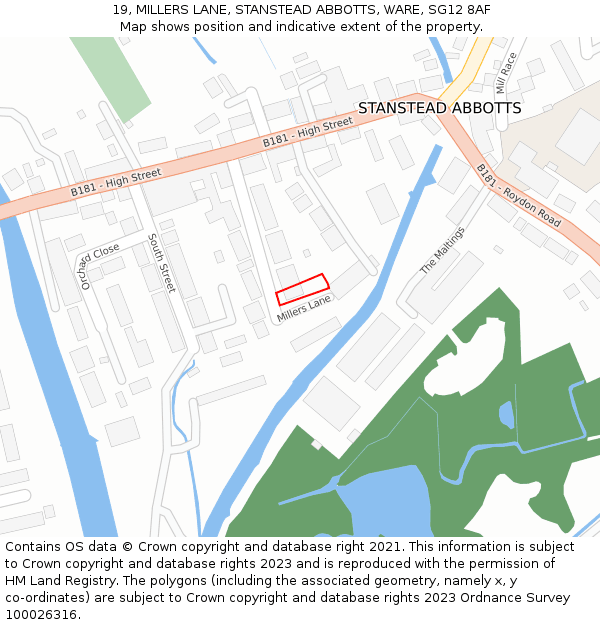 19, MILLERS LANE, STANSTEAD ABBOTTS, WARE, SG12 8AF: Location map and indicative extent of plot