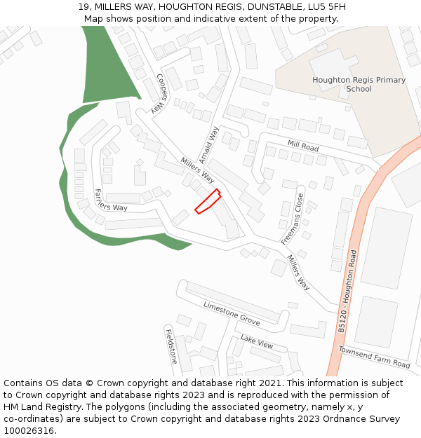 19, MILLERS WAY, HOUGHTON REGIS, DUNSTABLE, LU5 5FH: Location map and indicative extent of plot