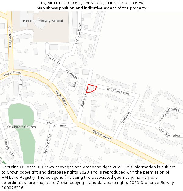 19, MILLFIELD CLOSE, FARNDON, CHESTER, CH3 6PW: Location map and indicative extent of plot