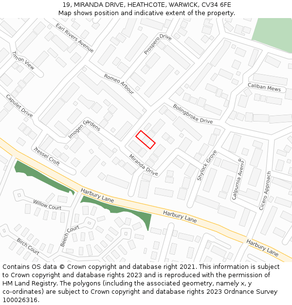 19, MIRANDA DRIVE, HEATHCOTE, WARWICK, CV34 6FE: Location map and indicative extent of plot