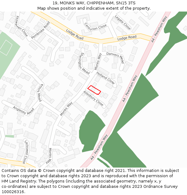 19, MONKS WAY, CHIPPENHAM, SN15 3TS: Location map and indicative extent of plot