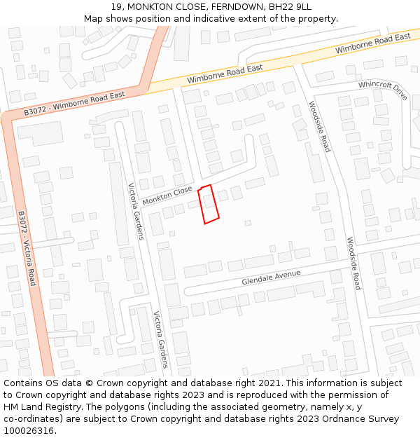 19, MONKTON CLOSE, FERNDOWN, BH22 9LL: Location map and indicative extent of plot