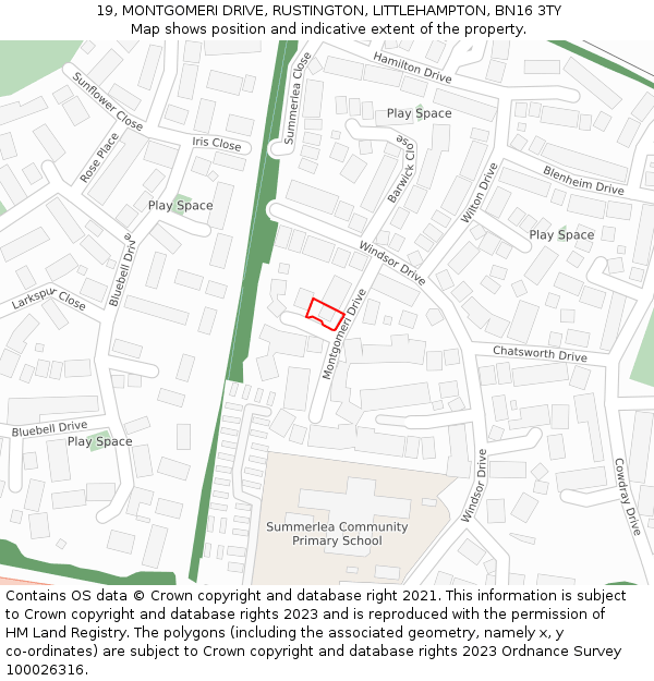 19, MONTGOMERI DRIVE, RUSTINGTON, LITTLEHAMPTON, BN16 3TY: Location map and indicative extent of plot