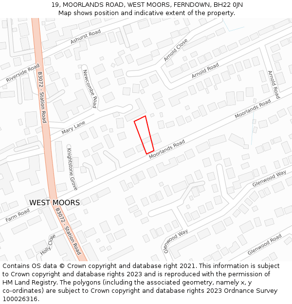 19, MOORLANDS ROAD, WEST MOORS, FERNDOWN, BH22 0JN: Location map and indicative extent of plot