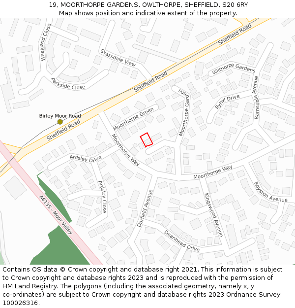 19, MOORTHORPE GARDENS, OWLTHORPE, SHEFFIELD, S20 6RY: Location map and indicative extent of plot