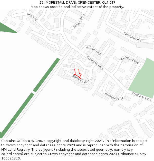 19, MORESTALL DRIVE, CIRENCESTER, GL7 1TF: Location map and indicative extent of plot