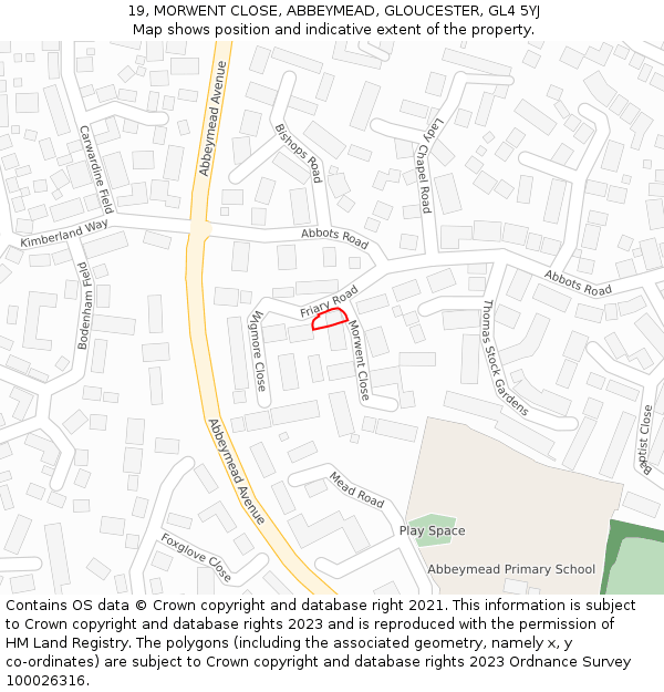 19, MORWENT CLOSE, ABBEYMEAD, GLOUCESTER, GL4 5YJ: Location map and indicative extent of plot