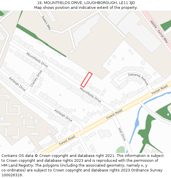 19, MOUNTFIELDS DRIVE, LOUGHBOROUGH, LE11 3JD: Location map and indicative extent of plot