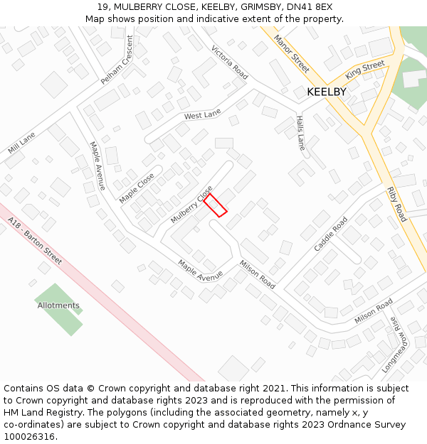 19, MULBERRY CLOSE, KEELBY, GRIMSBY, DN41 8EX: Location map and indicative extent of plot