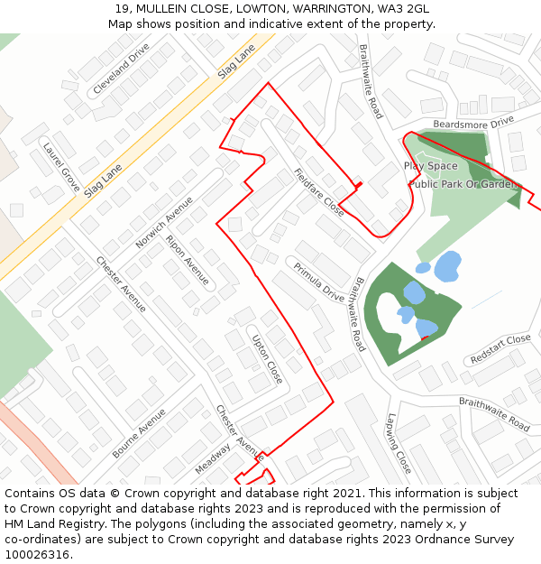 19, MULLEIN CLOSE, LOWTON, WARRINGTON, WA3 2GL: Location map and indicative extent of plot