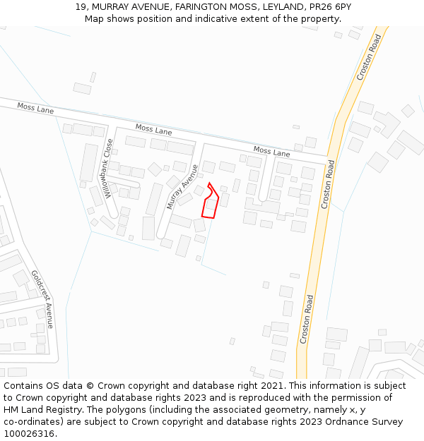 19, MURRAY AVENUE, FARINGTON MOSS, LEYLAND, PR26 6PY: Location map and indicative extent of plot