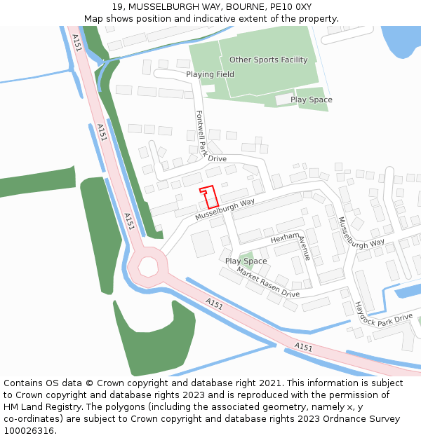 19, MUSSELBURGH WAY, BOURNE, PE10 0XY: Location map and indicative extent of plot