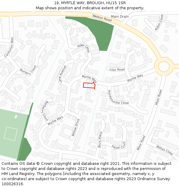 19, MYRTLE WAY, BROUGH, HU15 1SR: Location map and indicative extent of plot