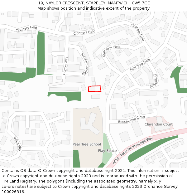 19, NAYLOR CRESCENT, STAPELEY, NANTWICH, CW5 7GE: Location map and indicative extent of plot