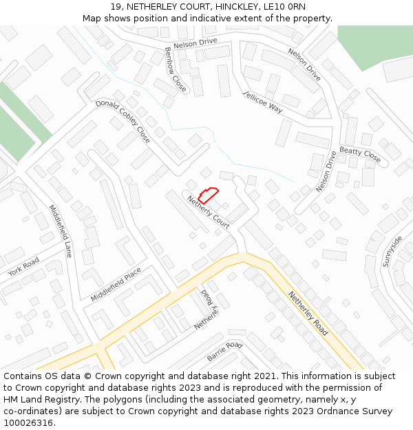 19, NETHERLEY COURT, HINCKLEY, LE10 0RN: Location map and indicative extent of plot