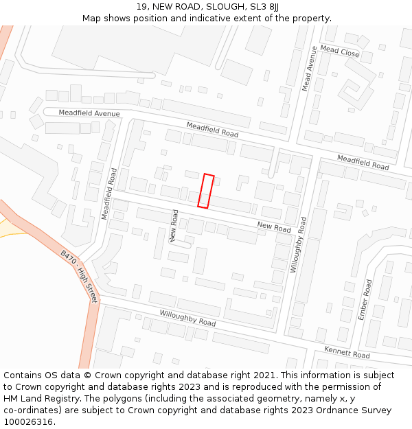 19, NEW ROAD, SLOUGH, SL3 8JJ: Location map and indicative extent of plot