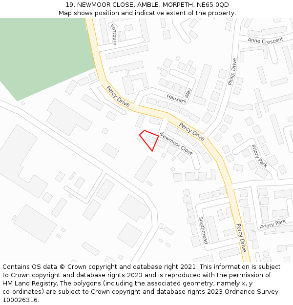 19, NEWMOOR CLOSE, AMBLE, MORPETH, NE65 0QD: Location map and indicative extent of plot