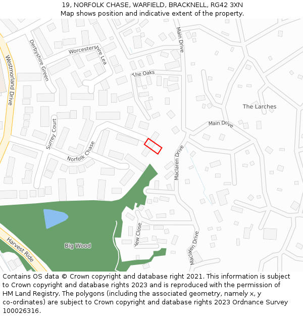 19, NORFOLK CHASE, WARFIELD, BRACKNELL, RG42 3XN: Location map and indicative extent of plot