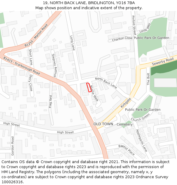 19, NORTH BACK LANE, BRIDLINGTON, YO16 7BA: Location map and indicative extent of plot