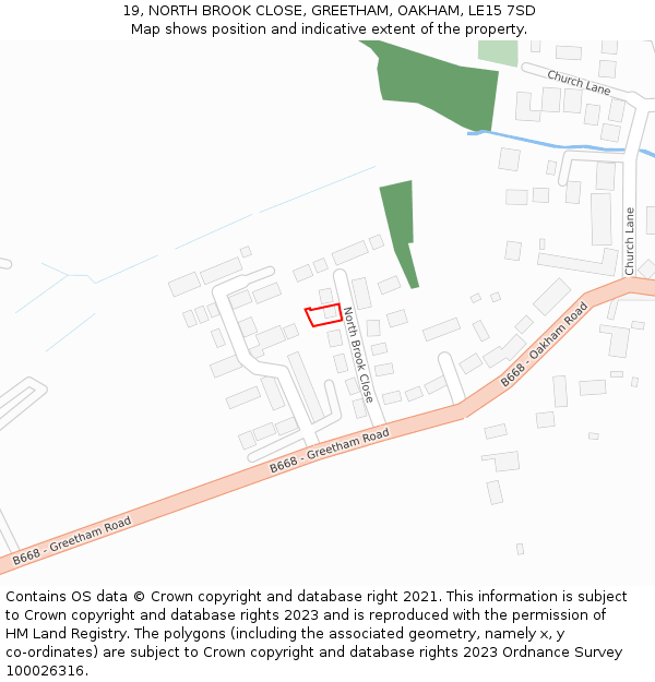 19, NORTH BROOK CLOSE, GREETHAM, OAKHAM, LE15 7SD: Location map and indicative extent of plot