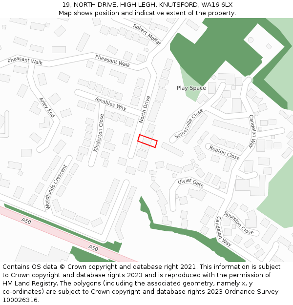 19, NORTH DRIVE, HIGH LEGH, KNUTSFORD, WA16 6LX: Location map and indicative extent of plot