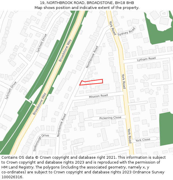 19, NORTHBROOK ROAD, BROADSTONE, BH18 8HB: Location map and indicative extent of plot