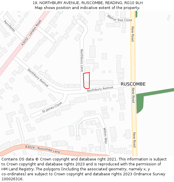 19, NORTHBURY AVENUE, RUSCOMBE, READING, RG10 9LH: Location map and indicative extent of plot