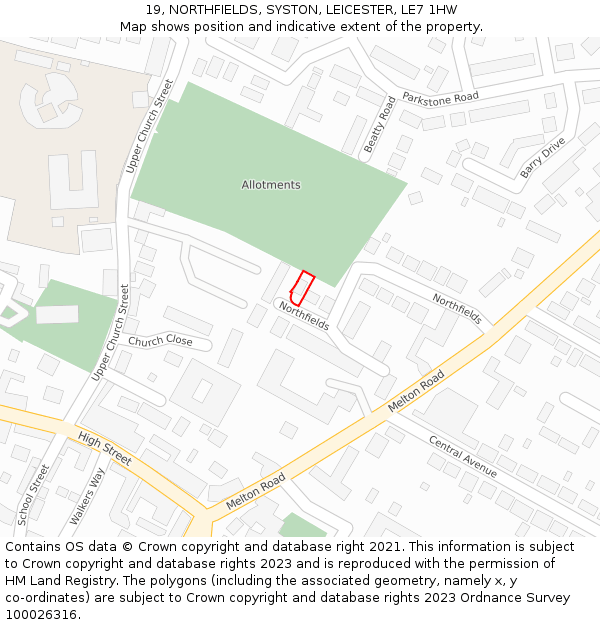 19, NORTHFIELDS, SYSTON, LEICESTER, LE7 1HW: Location map and indicative extent of plot