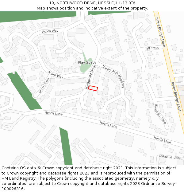 19, NORTHWOOD DRIVE, HESSLE, HU13 0TA: Location map and indicative extent of plot