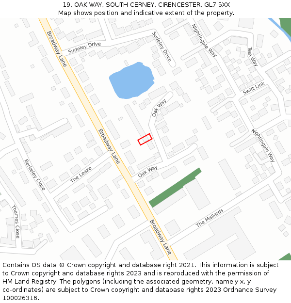 19, OAK WAY, SOUTH CERNEY, CIRENCESTER, GL7 5XX: Location map and indicative extent of plot