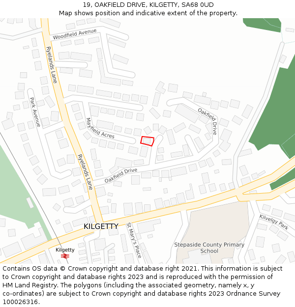 19, OAKFIELD DRIVE, KILGETTY, SA68 0UD: Location map and indicative extent of plot