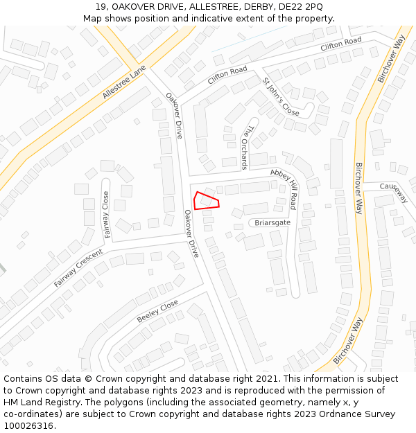 19, OAKOVER DRIVE, ALLESTREE, DERBY, DE22 2PQ: Location map and indicative extent of plot