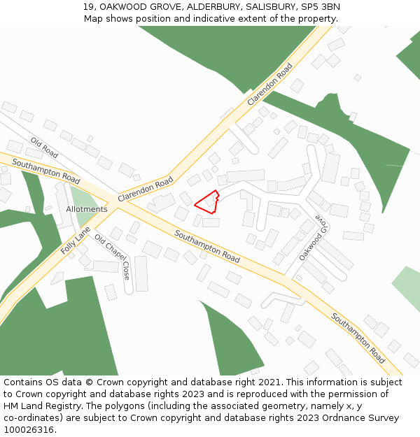 19, OAKWOOD GROVE, ALDERBURY, SALISBURY, SP5 3BN: Location map and indicative extent of plot