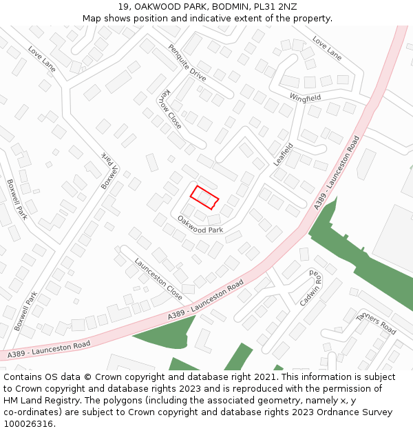19, OAKWOOD PARK, BODMIN, PL31 2NZ: Location map and indicative extent of plot