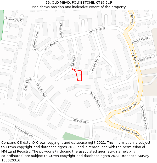 19, OLD MEAD, FOLKESTONE, CT19 5UR: Location map and indicative extent of plot