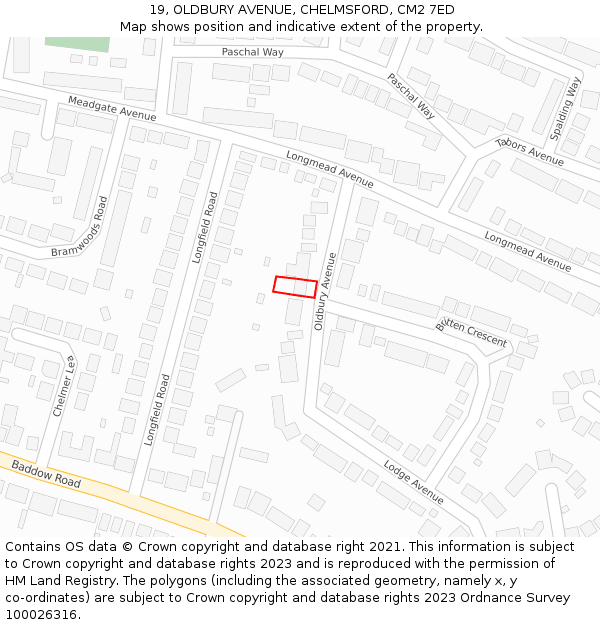 19, OLDBURY AVENUE, CHELMSFORD, CM2 7ED: Location map and indicative extent of plot