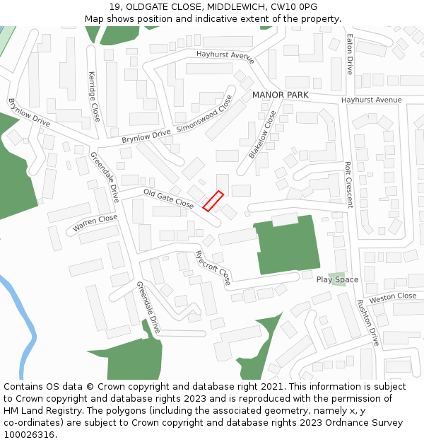 19, OLDGATE CLOSE, MIDDLEWICH, CW10 0PG: Location map and indicative extent of plot