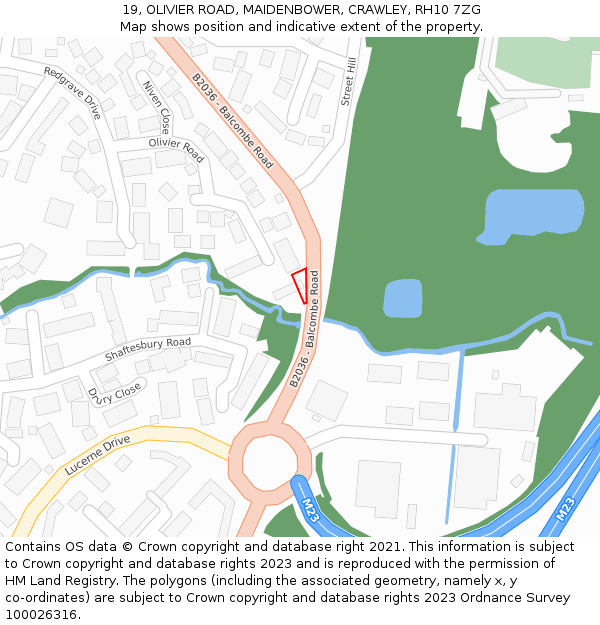 19, OLIVIER ROAD, MAIDENBOWER, CRAWLEY, RH10 7ZG: Location map and indicative extent of plot