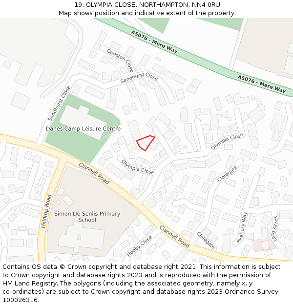 19, OLYMPIA CLOSE, NORTHAMPTON, NN4 0RU: Location map and indicative extent of plot