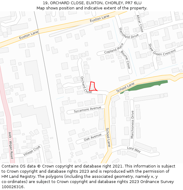 19, ORCHARD CLOSE, EUXTON, CHORLEY, PR7 6LU: Location map and indicative extent of plot