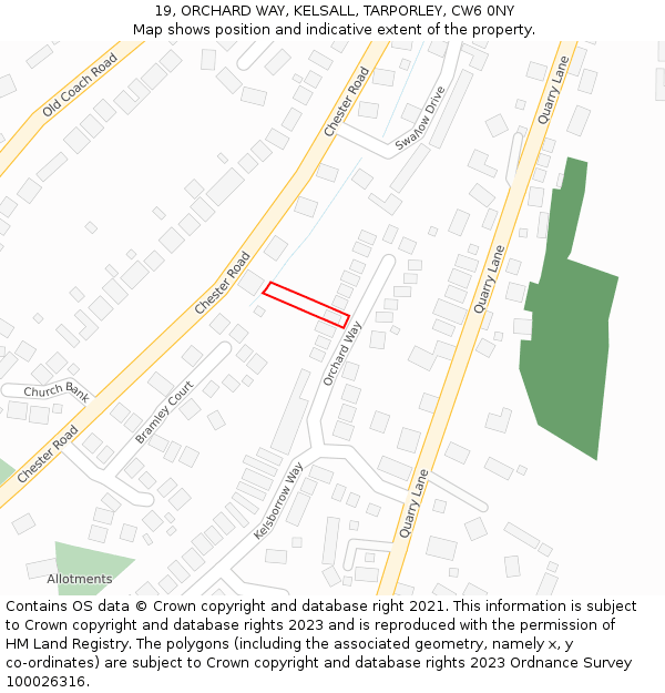 19, ORCHARD WAY, KELSALL, TARPORLEY, CW6 0NY: Location map and indicative extent of plot