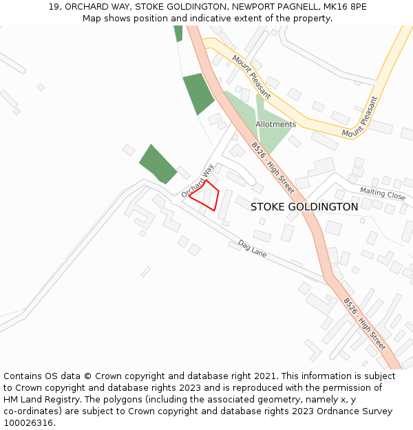 19, ORCHARD WAY, STOKE GOLDINGTON, NEWPORT PAGNELL, MK16 8PE: Location map and indicative extent of plot