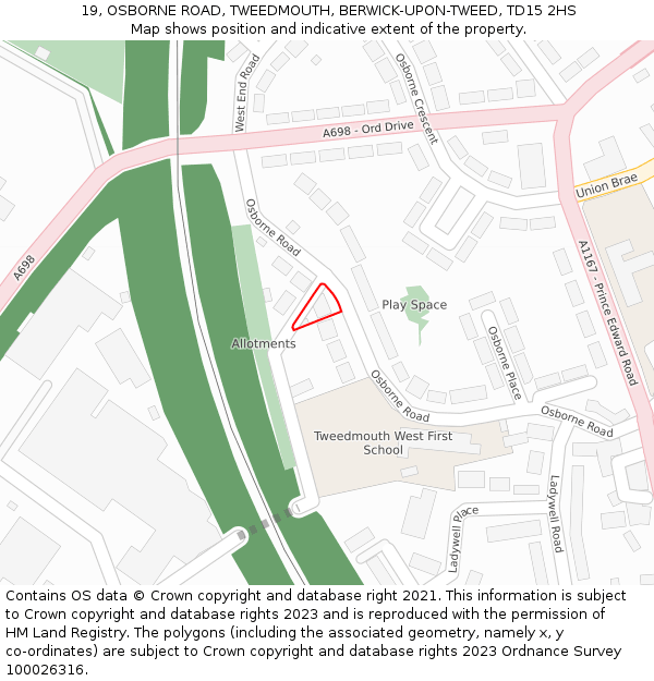 19, OSBORNE ROAD, TWEEDMOUTH, BERWICK-UPON-TWEED, TD15 2HS: Location map and indicative extent of plot