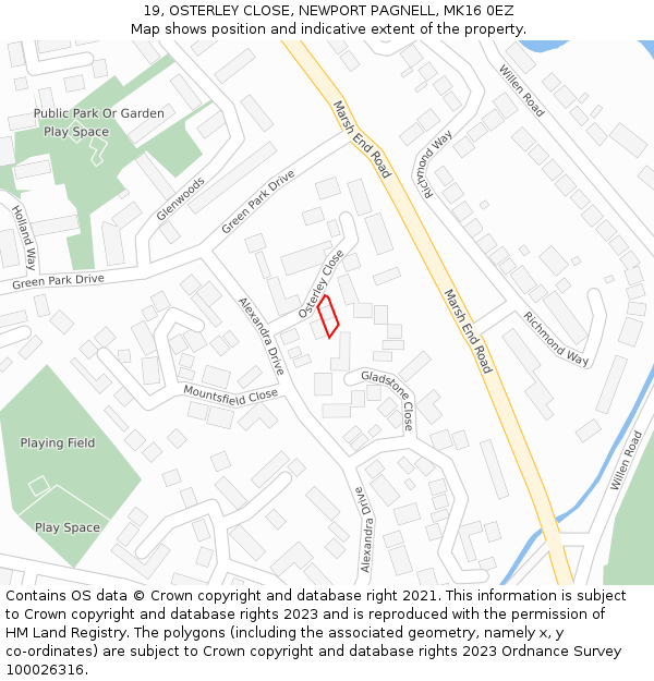 19, OSTERLEY CLOSE, NEWPORT PAGNELL, MK16 0EZ: Location map and indicative extent of plot