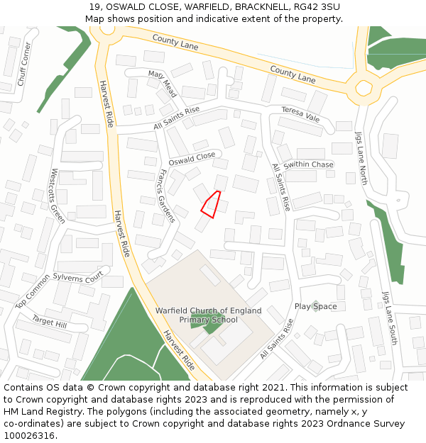 19, OSWALD CLOSE, WARFIELD, BRACKNELL, RG42 3SU: Location map and indicative extent of plot